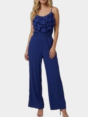 Toxik3 Jumpsuit Ruffled Tiered Bodice Sleeveless Blue Size L